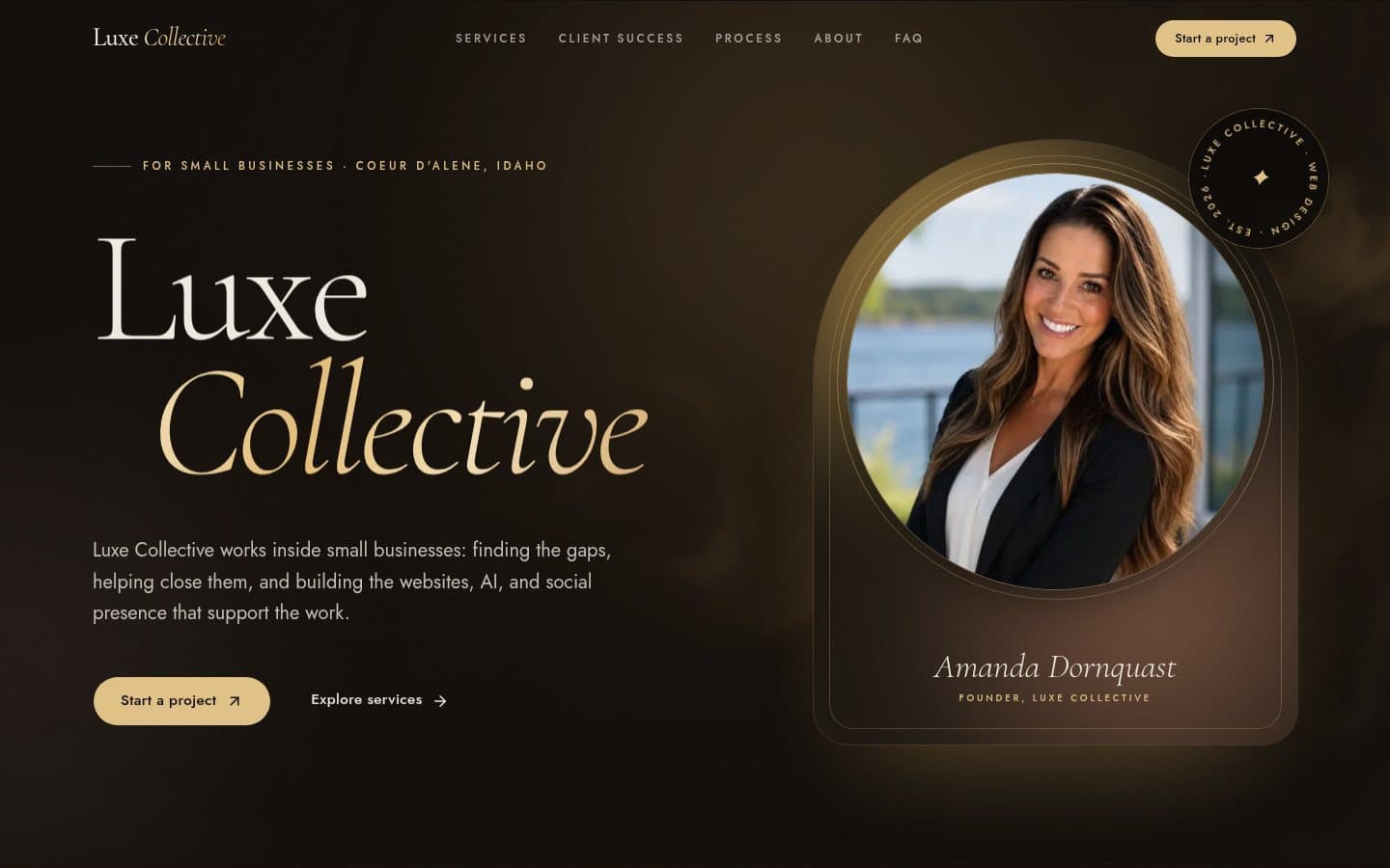 Luxe Collective homepage: headline, founder portrait of Amanda Dornquast, and a start-a-project button.