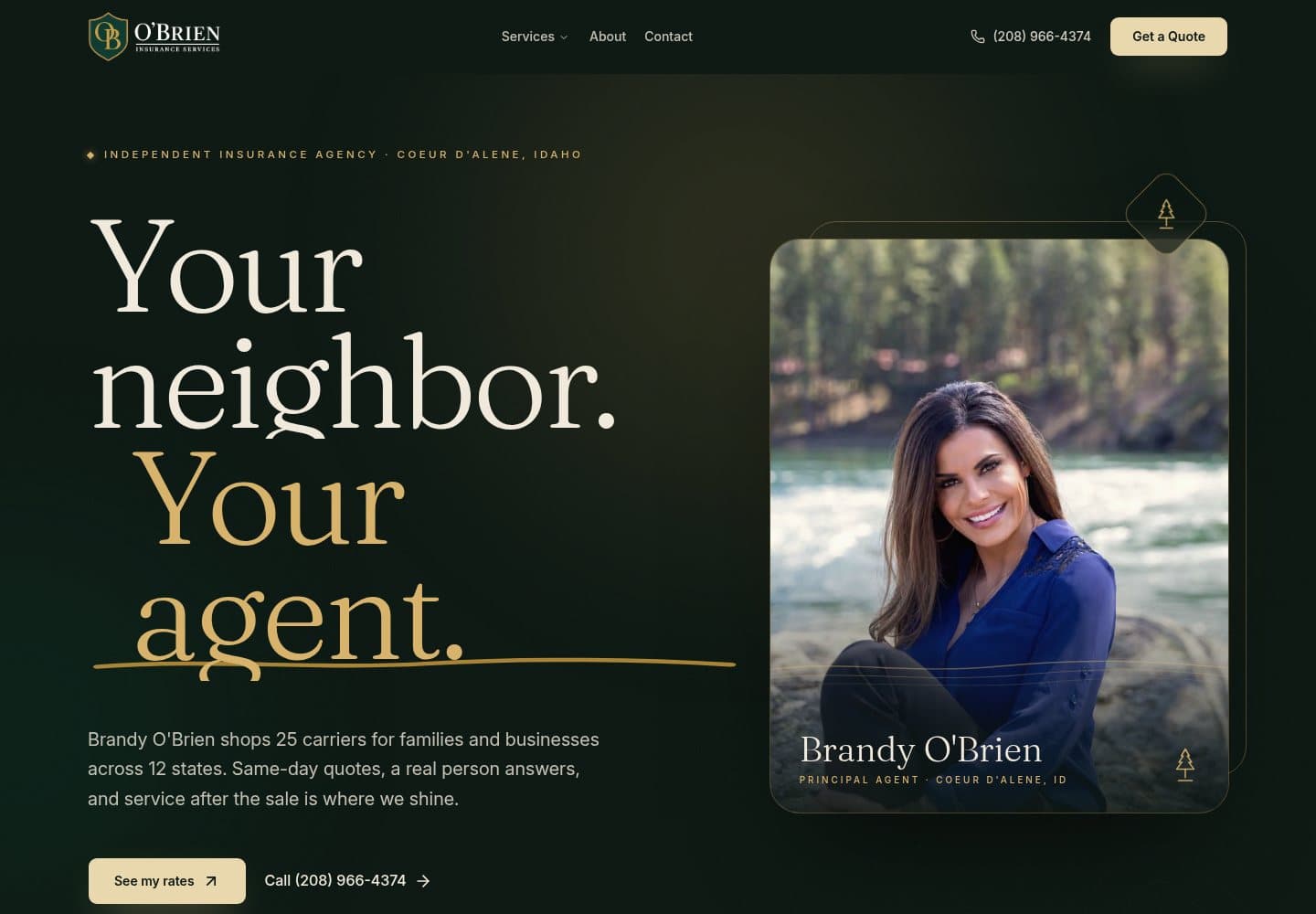 O'Brien Insurance homepage: Your neighbor. Your agent. Portrait of Brandy O'Brien and a quote button.